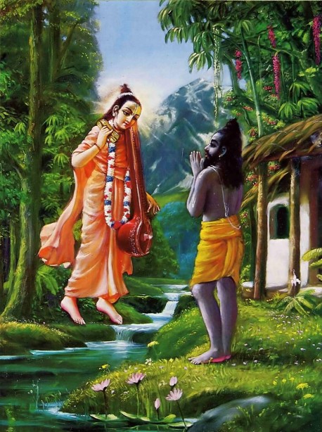 Srila Vyasadeva receives inspiration to compile Srimad-Bhagavatam from his spiritual master, Narada Muni.