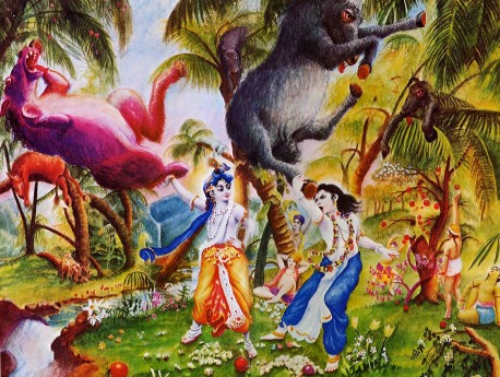 Krishna and Balarama kill the ass demon in the Vrindvan Forrest.