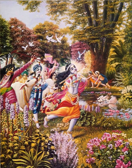 The highest perfection of the eyes is to see Krishna and Balarama entering the forest and playing Their flutes and tending the cows with Their friends.