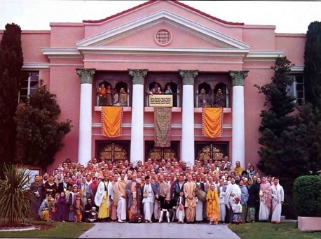 Devotees outside the Los Angeles Center of the International Society for Krishna Consciousness. 1975.