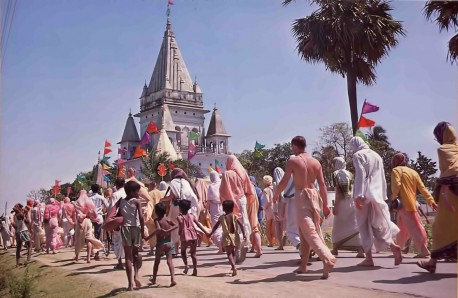 Nearing the spires and five-tiered tower at the birthplace of Lord Caitanya, worldwide delegates of ISKCON make their annual springtime pilgrimage.