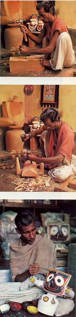 Carving and painting Jagannatha Deities is a longstanding tradition for the craftsmen of the Mahapatra family of Puri. 1976.