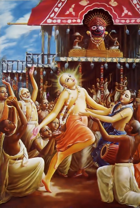 Lord Caitanya and the devotees chanted in ecstasy, tears falling from their eyes at Rathayatra Festival in Jagannatha Puri.