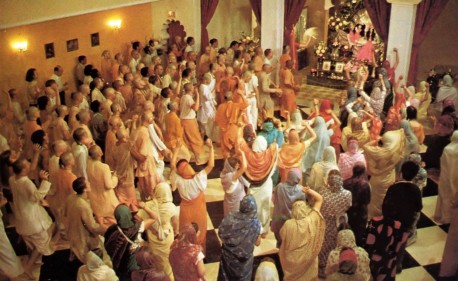 Hare Krishna Devotees assemble in Temple for daily early morning program - 1976