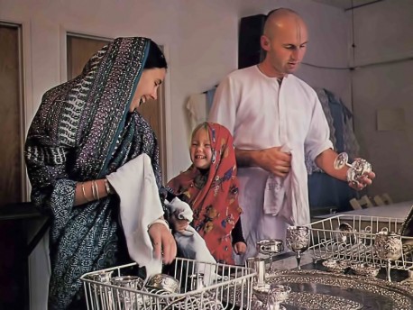 Cleaning the silverware, ISKCON Temple,1976.