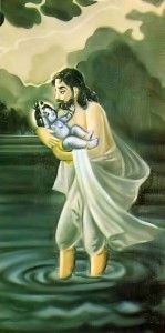 Vasudeva carries baby Krishna from Kamsa's prison in Mathura to Vrindavan on rainy night.