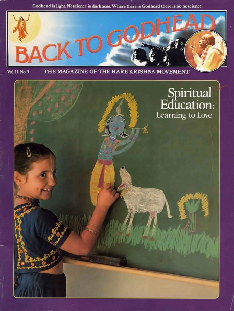 Seven-year-old Sammohini-devi dasi puts the finishing touches on a colorful blackboard portrait of Lord Krishna. Like the other students at ISKCON's primary school in Los Angeles, she studies English, history, math, and ancient India's Vedic literatures. The Vedic literatures explain how to spiritualize matter by using it in the Lord's service , and the children at ISKCON 's Gurukula are learning the art.