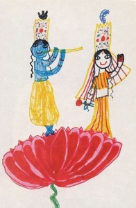 ISKCON Gurukula Students crayon drawing of Radha Krishna 1976.