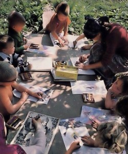 ISKCON Gurukula Students studying outside. 1976. 