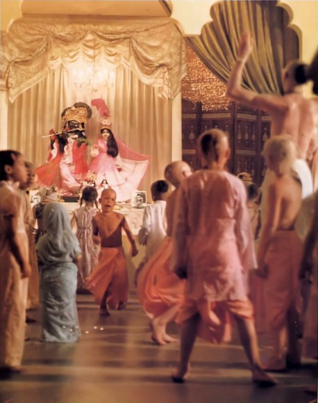 ISKCON Gurukula Students dance during Mangal Aroti in the Temple at 4:30 AM every morning. 1976.