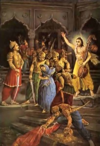 The demigods plunder Hiranyakasipu's palace and arrest his queen, Kayadhu.