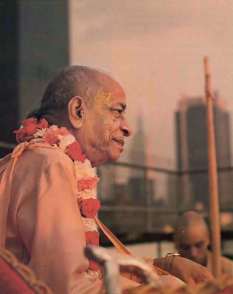 Atop New York's Hare Krishna Building, Srila Prabhupada talks with some of his disciples. Summer Tour 1976.