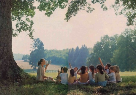 When the weather's warm, Jyotirmayl takes school out into nature. New Mayapur, France 1976.