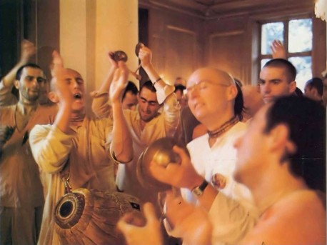 The New Mayapur devotees find chanting the Hare Krishna mantra especially enlightening. 1976.