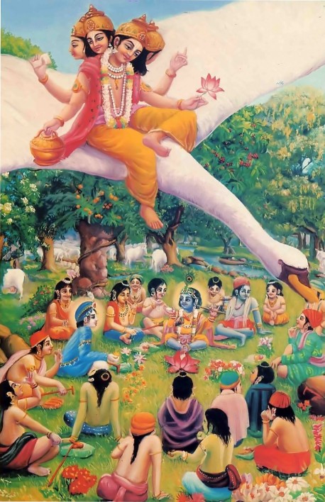 Lord Braham on his swan carrier looking at Krishna and Balaram and Their cowherd boyfriends.