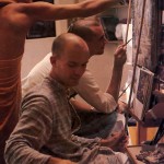 ISKCON Artists working on painting - 1977