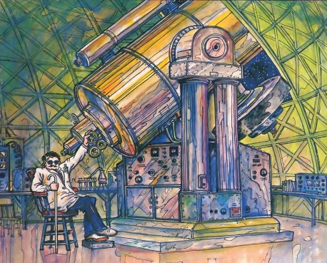 Blind Scientist Looking through a big telescope