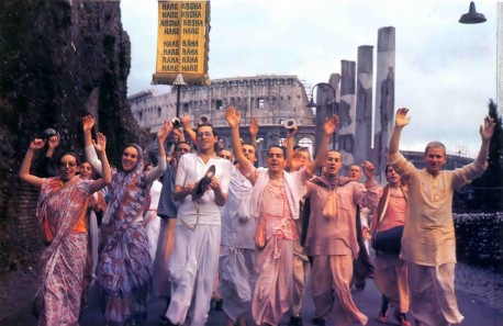 Devotees chant Hare Krishna in Rome. - 1977