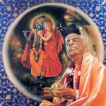 Beautiful painting of Srila Prabhupada playing kartals with Radha and Krishna in the background.