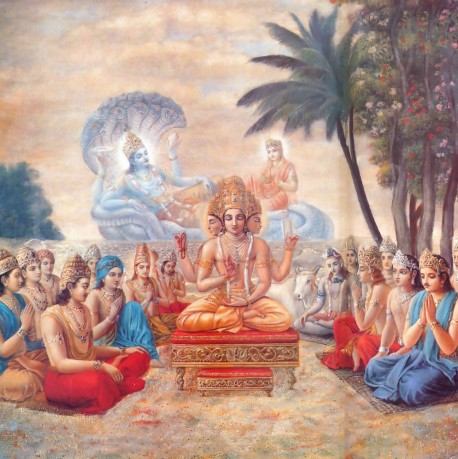 Lord Brahma and the other demigods at the at the shore of the milk ocean praying for Lord Visnu (Krishna) to come to earth.