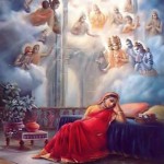 The demigods offered songs and prayers for Krishna in Devaki's womb.