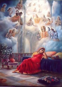 The demigods offered songs and prayers for Krishna in Devaki's womb.
