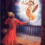 After Krishna's birth, Kamsa tried to kill Krishna's younger sister Yoga maya, but she rose to the sky in her eight-armed form.