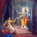 When Lord Krishna finally appeared within Kamsa's prisonhouse, He reassured His parent's by showing them His four-armed form; then He appeared as an ordinary child.