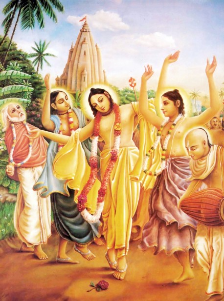 Lord Caitanya (wearing yellow) is the incarnation of Lord Krishna who appeared in Bengal, India, to spread Sankirtana-the congregational chanting of the Hare Krishna maha-mantra.