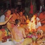 Traditional fire sacrifice: Yasodinandana Swami (second from left) leads a sacrifice inaugurating the Fiji temple.