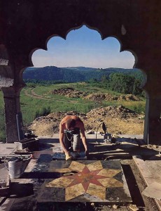 Rsikumara dasa checks a piece of marble cut for the portico of Srila Prabhupada's Palace. - 1977