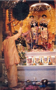 In each temple, Srila Prabhupada introduced the worship of Krsna's Deity forms, as here in Vrndavana, India.