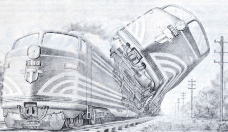 Fig. I. In quantum mechanics, uncertainty on the atomic level can become amplified to produce a situation in which a train is simultaneously derailed and not derailed!