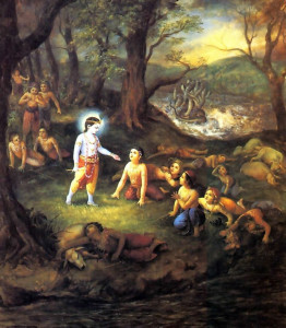 Krsna revives His friends, who had fallen lifeless after drinking water poisoned by the serpent.
