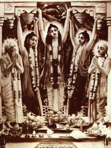 The founder of the Hare Krsna movement, Sri Caitanya (in center), surrounded by principal associates. Sri Caitanya popularized the chanting and singing of the holy names of the Lord.