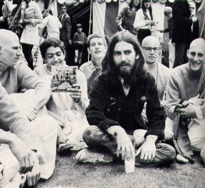 Appreciation for the Krsna culture takes many forms. George Harrison meditates on the Hare Krsna mantra.
