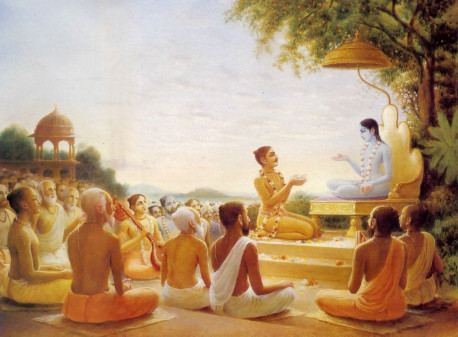 Srimad Bhagavatam being spoken by Sukadeva Gosvami to Maharaja Pariksit.