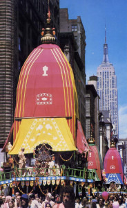 Lord Jagannatha lends the procession down Fifth Avenue in a chariot whose spire seems to rival the Empire State Building's.