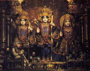 Deity forms of Lord Ra macandra (center) and Srimati Sita-devi (to His left) grace the altar at Bhaktivedanta Manor, near London. Other Deities are Rama's brother Lak~mal)a and Hanuman (kneeling)