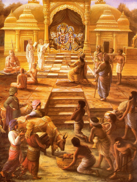 The perfect socio-religious system is explained by Lord Krsna in Bhagavad-gita. (This system differs from the prejudicial system of caste by birth.) In Bhagavad-gita the Lord defines four natural classes in society according to their qualities and work . They arc the brahmanas (priests and intellectuals), the ksatriyas (political leaders and military men), the vaisyas (farmers and merchants), and the sudras (manual laborers). It is only when the members of all these classes worship the Lord with the fruits of their work that social harmony, material prosperity, and spiritual felicity are assured.