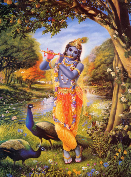 Beauty personified, Lord Sri Krsna stands on the bank of the Yamuna River and plays His irresistibly enchanting flute, inviting all to come and enjoy eternal loving pastimes with Him