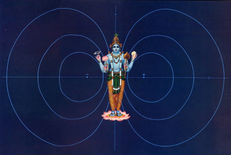 Two distinctly different visions of reality come together in this illustration. The dual elliptical patterns depict one of the energy states of a hydrogen atom, as conceived according to quantum physics, a mechanistic system that describes matter in terms of numbers. But according to the nonmechanistic science set forth in the Vedic literature, at the 'heart of every atom is Lord Visnu, the Supreme Personality of Godhead. the creator and sustainer of all. Since He is beyond measurement. He can't be understood merely through numerical descriptions.