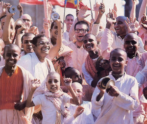 Joyful devotees chant Hare Krsna in downtown Bombay