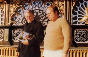 U.S. Senator Robert C. Byrd, books and BACK TO GODHEAD in hand, tours Prabhupada's Palace of Gold with Mahabuddhi dasa, the general manager for the Palace.