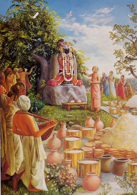 An offering of thousands of buttered chapatis (the unleavened breads piled beside the mounds of rice) is part of the traditional Vedic ceremony of worship called anakuta. More than five centuries ago in Vrndavana, India, the exalted saint Madhavendra Puri (in saffron robes) performed this ceremony for a newly installed Deity of Lord Krsna.