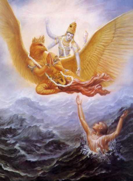 The Supreme Lord rescues His devotee from the ocean of birth and death. A soul suffering in material existence can never save himself from the ocean of repeated birth, old age, disease. and death. But if he comes to understand Lord Krsna to be the Absolute Truth, the cause of all causes, he surrenders to Him and invokes His mercy. Then the Lord lifts His long-lost devotee out of the ocean of misery and takes him back to the eternally blissful spiritual world. (Here Lord Krsna appears in His form as four-armed Visnu, riding His bird-carrier Garuda.)