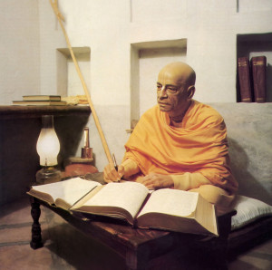 In Vrndavana, India, in the early 1960's, Srila Prabhupada wrote in his small room at the medieval Radha-Damodara temple. (Diorama: FATE museum, Los Angeles.)