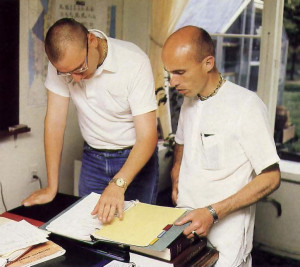Headmaster Bala Krsna dasa (on right) reviews curriculum with Bhava dasa, one of teachers at the Vancouver school