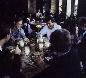 Amidst the marble and carved wood columns in the Cultural Center's dining room, the director of the FATE project, Adi-deva dasa (center), enjoys dinner with his wife and co-worker, Siladitya and his parents and brother
