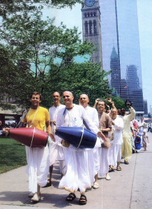 Devotees follow the lead of temple president Visvakarma dasa (beating the blue drum) as they chant Hare Krsna in downtown Toronto